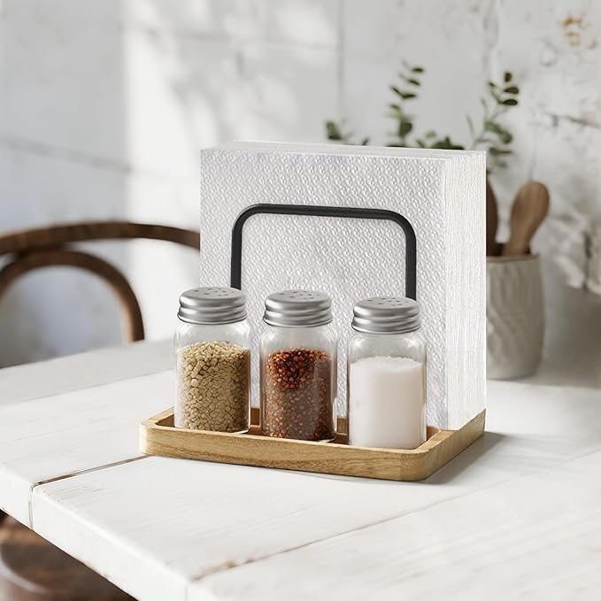 Mkono Napkin Holder for Table Farmhouse Black Wooden Napkin Dispenser Rustic Paper Napkin Storage for Kitchen Dining Room Coffee Bar (Salt and Pepper Shakers not Included) (Nature)