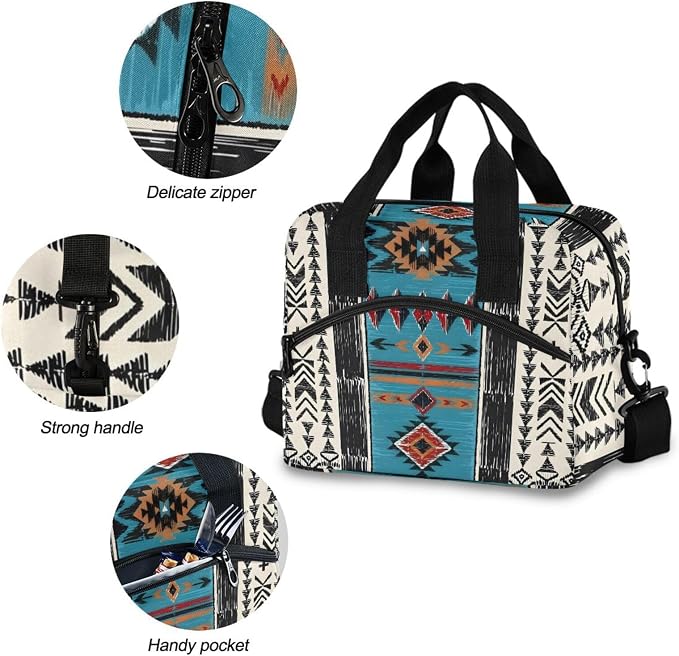 Western Aztec Insulated Lunch Bag Indian Tribal Lunch Box Reusable Lunch Tote Bag for Women Men Adult Cooler Bag with Adjustable Shoulder Strap Leakproof for Work School Picnic