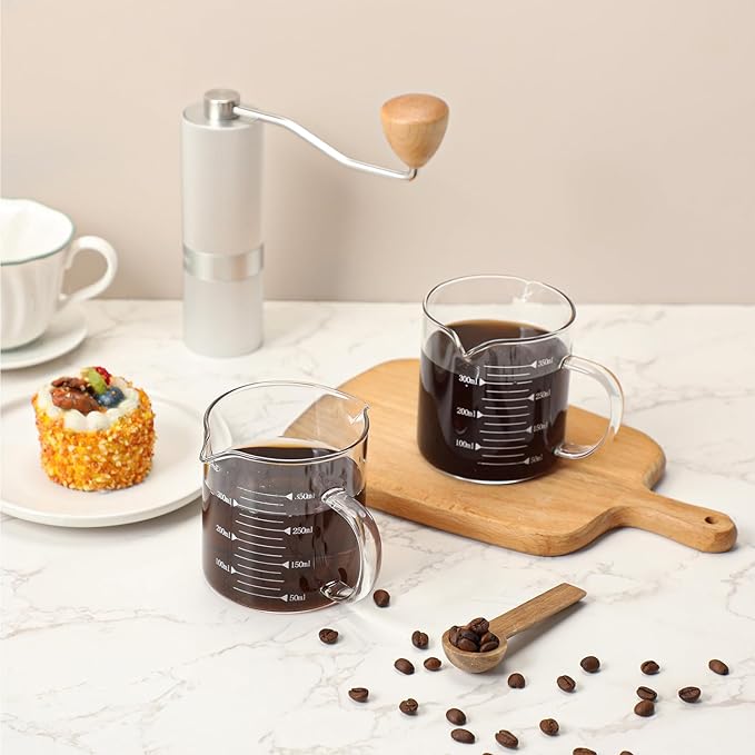 Patelai 2 Pcs 12oz/350ml Espresso Cups, Glass Measuring Cups with Double Spouts & Handle, Scale Espresso Shot Glass Milk Frothed Cup Coffee Accessories for Machines, Milk Frothed, and Bars