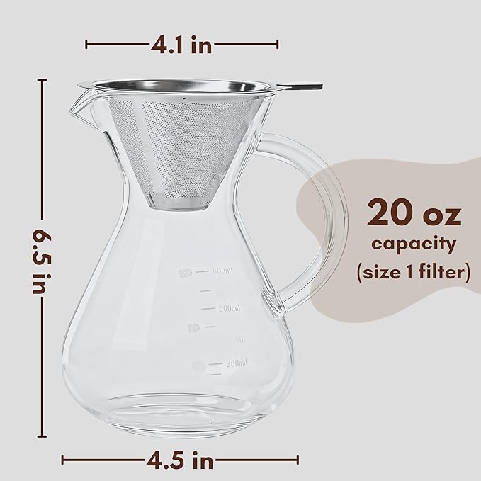 Pour Over Coffee Maker - 20 Oz (600ml) Borosilicate Glass Carafe - Reusable Stainless Steel Filter Paperless Dripper - For Home & Office & Resteraunt & Camping