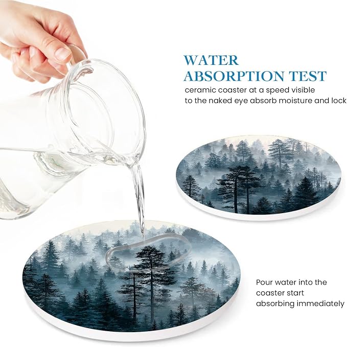 Misty Pine Forest Coasters for Drinks Set of 6, Round Absorbent Ceramic Coaster with Metal Holder, Watercolor Woodland Landscapes Coasters with Cork Base for Coffee Table, Home Decor, Gifts