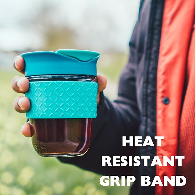 Reusable Strengthened Glass Travel Cup - Spill Proof Coffee Mug - 12oz/340ml BPA-Free Hot Drink Travel Mug with Lid & Silicone Band (Ice Cream, 12oz)