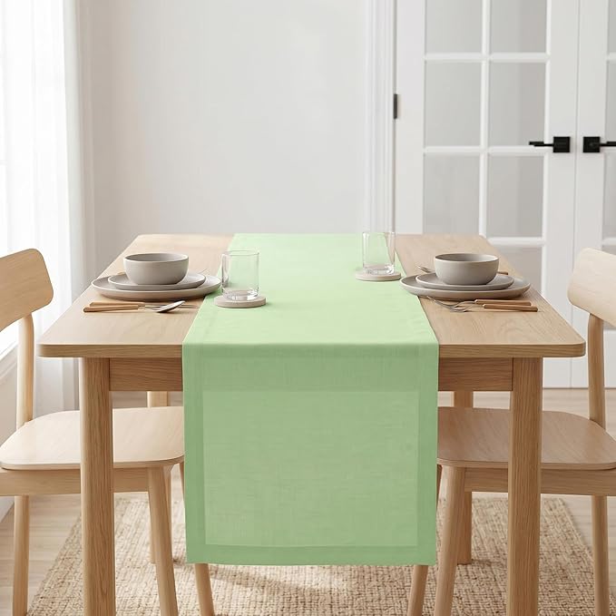 Solino Home Linen Pastel Green Table Runner 60 Inches - 100% Pure Linen Farmhouse Short Table Runner 14 x 60 Inch Ideal for Dresser and Coffee Tables, Spring, Summer - Fete