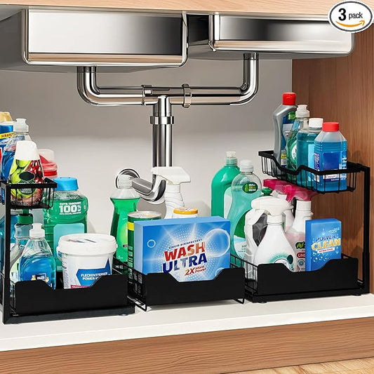 3 Pack, Under Sink Organizer 2-Tier with Slide Out Lower Drawer - Metal Pull Out Cabinet Organizer for Kitchen Bathroom, Includes Removable Center Basket & Storage Shelves, Space Saving Design