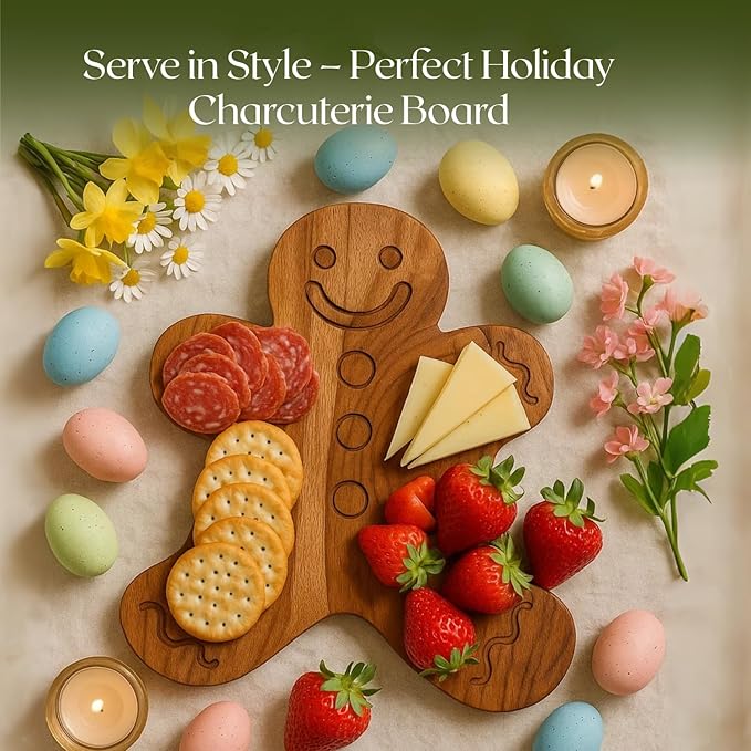 Aurah Gingerbread Shaped Acacia Wood Cutting Board for Kitchen Decorative - Wooden Charcuterie Serving Platter Snack, Fruit & Cheese - Housewarming, Wedding Gifts (13.5 x 10.5 Inch)