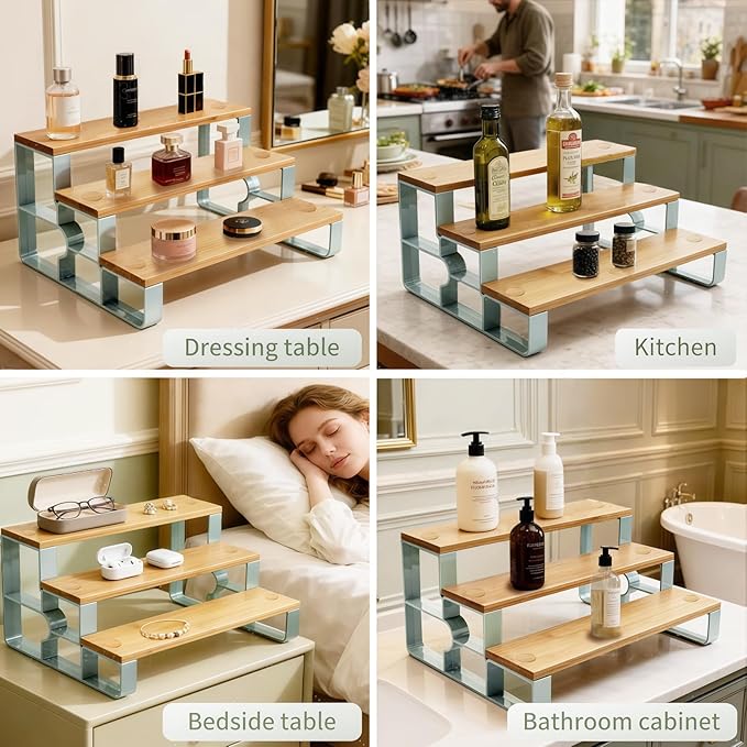 3 Tier Bamboo Spice Rack for Kitchen Countertop, Stepped Seasoning Organizer Shelf, Space-Saving Kitchen Storage for Spice Jars & Condiments, Easy Assembly (14" Width)