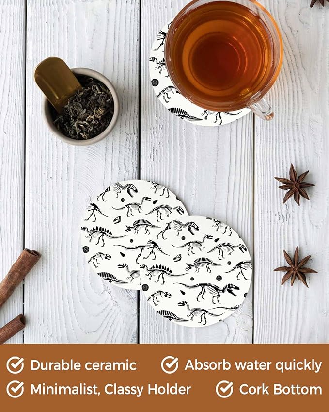 Coasters Set of 6 Dinosaur Fossils Drink Coasters with Holder Absorbent Stone Ceramic Cup Mat Black White Animal Coaster for Drinks Coffee Bar Office Kitchen Cafe Home Decor