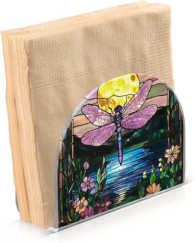 Fustylead Colorful Stained Glass Dragonfly Floral Napkin Holder for Table Acrylic Cocktail Napkin Holders Small Decorative Napkin Dispenser for Home Party Holiday Dining Kitchen Accessories