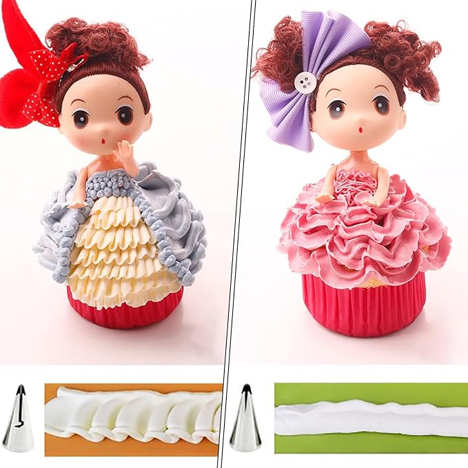 Baipeisy 11Pcs Stainless Steel Pleated Skirt Piping Tips Set - Reusable Baking Tools Kit Includes 8 Decorating Nozzles, 1 Cleaning Brush, 1 Converter, 1 silicone piping bag for Frosting Cakes