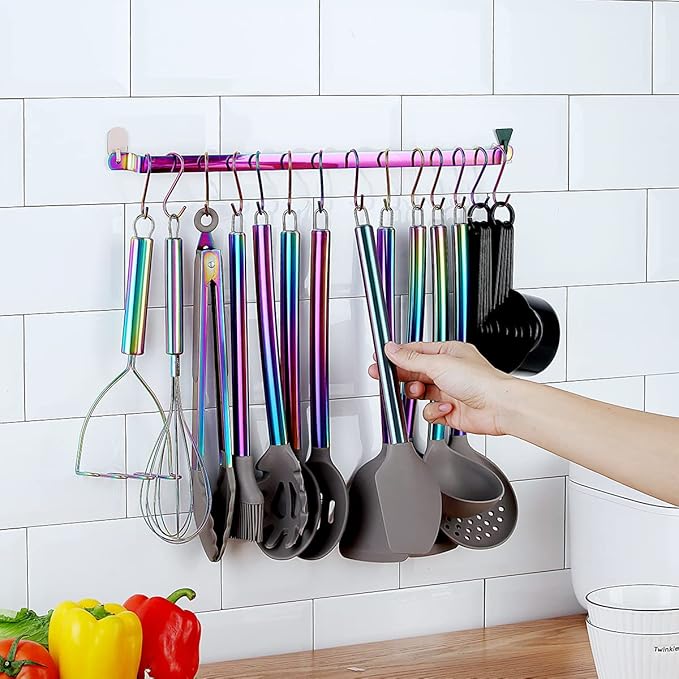 38 Piece Silicone kitchen Cooking Utensils Set with Utensil Rack, Silicone Head and Stainless Steel Handle Cookware, Kitchen Tools, Non-Stick kitchen Gadgets, Dishwasher Safe (Rainbow)