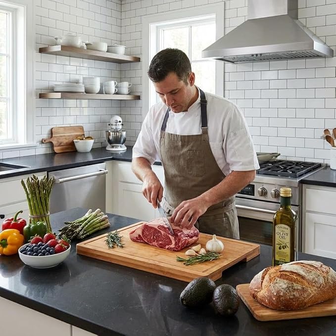 Bamboo Cutting Board for Kitchen, 16x11 in, 1-in Thick Wood Chopping Board with Deep Juice Groove for Meat Fruit Vegetable, Knives-Friendly & Easy to Clean, Natural