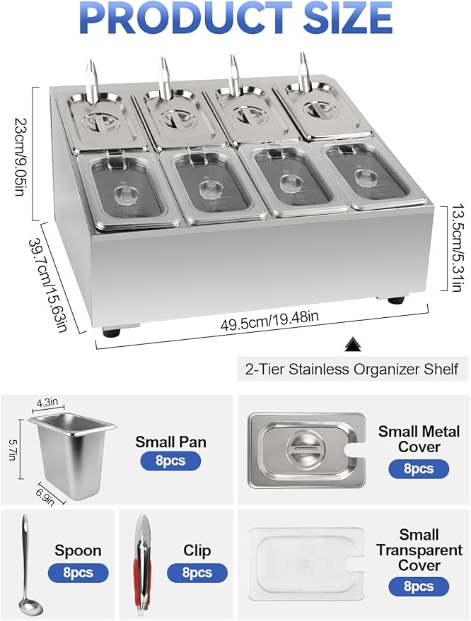 8 Pans Spice Rack Shelf 2 Row Stainless Steel Spice Organizer Stand with Lids Spoons Countertop Inclined Holder Buffet Containers Set for Sauce Jam Fruits Ingredient Kitchen Restaurant Pantry