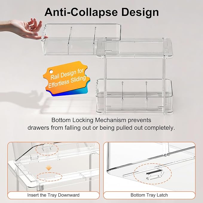Delamu 2 Tier Under Sink Organizer Bathroom, Bathroom Cabinet Organizer with Snap-Lock Design and Hooks, Pull Out Storage with Movable Dividers, for Countertop, Kitchen and Pantry (Clear, 4 Pack)