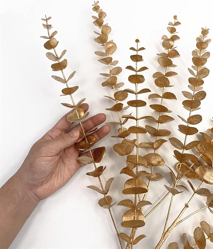 CATTREE Artificial Eucalyptus, Plastic Gold Plants Christmas Decorations Fake Shrubs Bushes for Indoor Home Table Centerpieces Hotel Hall Party Decor Wedding Planting Filler 30" Tall Golden 2 Pack