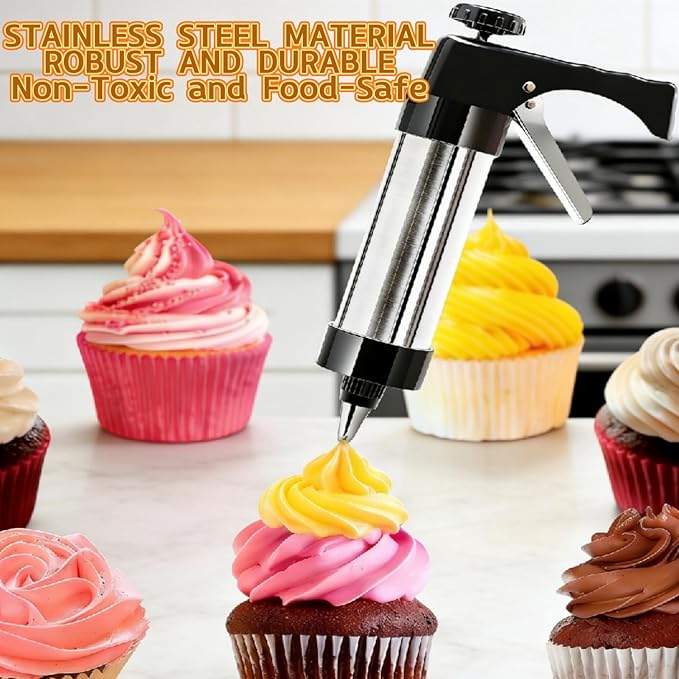 Stainless Steel Cookie Press Gun Kit with 13 Discs & 8 Piping Tips, Easy-to-Use Biscuit & Icing Gun for Baking and Cake Decorating, Perfect for DIY Christmas Cookies and Pastries.