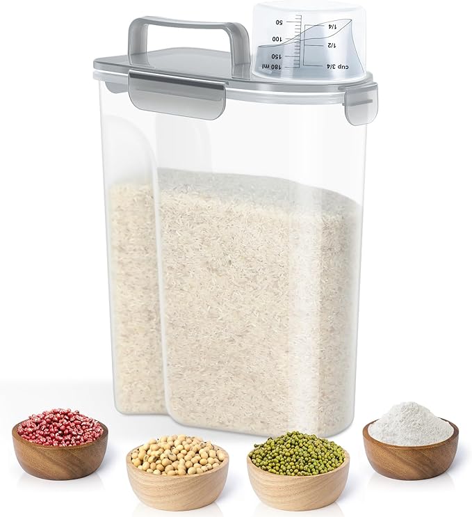 TBMax Rice Container 10 Lbs, Cereal Container Oatmeal Storage, Airtight Food Dispenser with Pouring Spout & Cup for Flour Grain Beans, Pet Dog Cat Food Storage Container-Translucent Grey