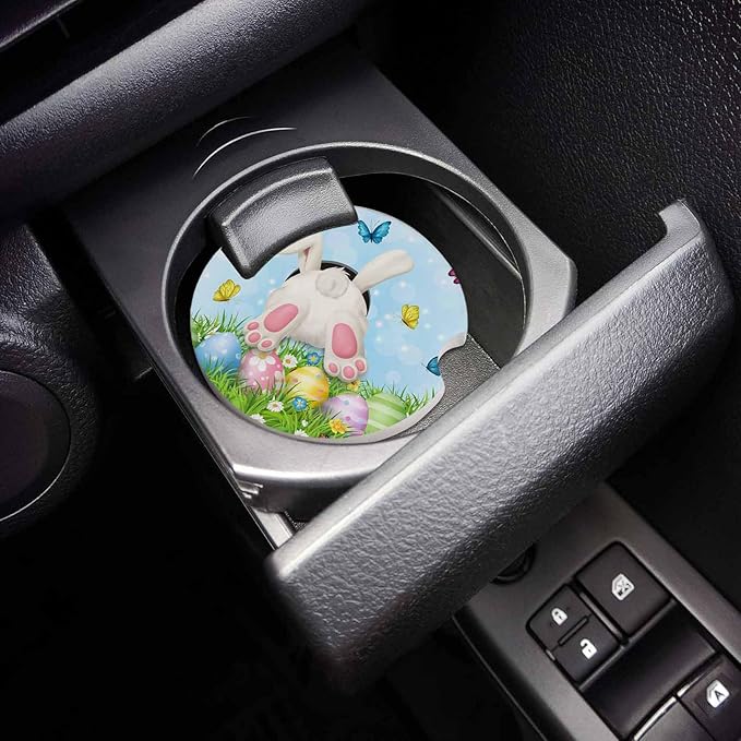 Small Car Coasters for Cup Holders 2.6" Dia Absorbent Coasters Set of 4 Car Interior Accessories for Women Men Watercolor Easter Bunny Butt in Grass Ceramic Car Coaster for Drinks with Finger Grooves