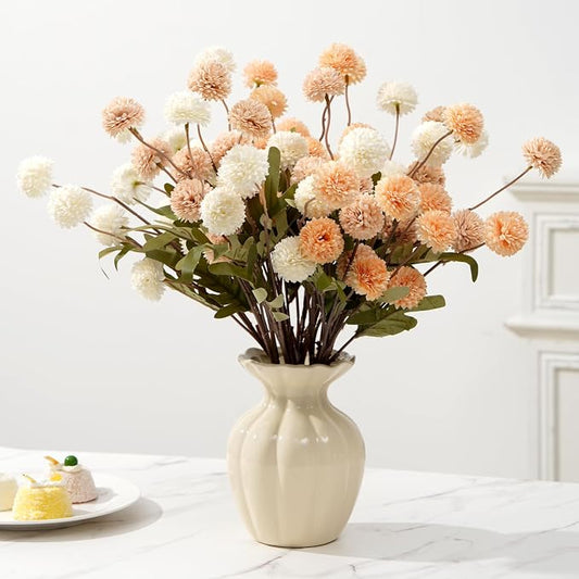 trytuny Fake Fall Flowers for Vase, Faux Silk Kiku Mums, Artificial Pom pom Floral Bouquets Indoor Centerpiece Office Coffee Table Boho Home Decorations (9, Mixed Cream)