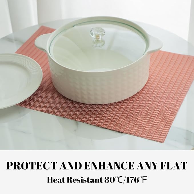 Placemats Set of 6 Vinyl/Plastic Woven Place Mats for Kitchen Table Indoor/Outdoor Washable Placemat Wipeable Dining Table Mats (Red Stripes,6)