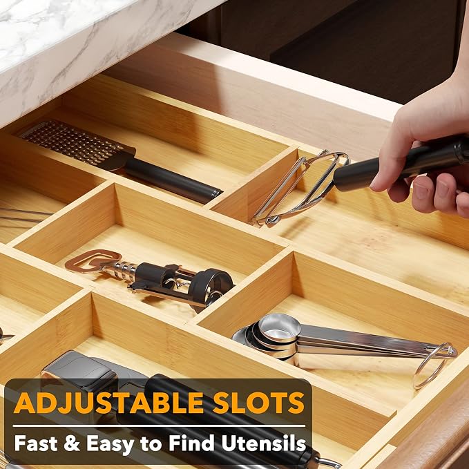 SpaceAid Bamboo Utensil Drawer Organizer with Labels, Kitchen Silverware Expandable Tray Holder Organizer for Flatware, Cutlery, Spoon and Knives Drawer Storage Organization (Natural)