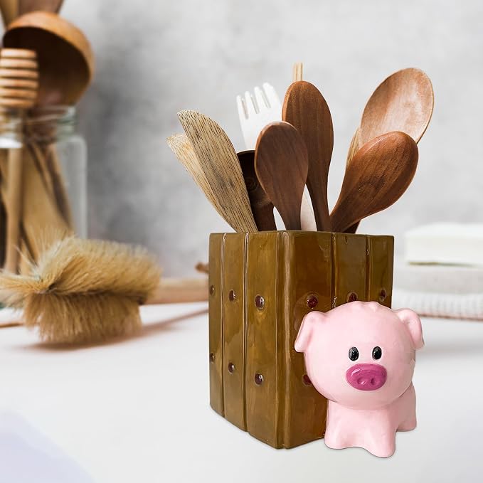 Pig Utensil Holder | Kitchen Crock Storage | Pig Stuff Print Accessories Decoration | Cute Hog Gifts for Women | Cerdo Pollo Animal Boar Decor | Countertop Piglet Stuff Vase