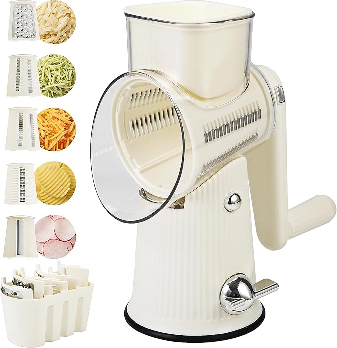 Rotary Cheese Grater with Handle: 5 in 1 Cheese Grater Hand Crank Cheese Shredder with Strong Suction Base Kitchen Vegetable Slicer with 5 Interchangeable Blades, Storage Box, White