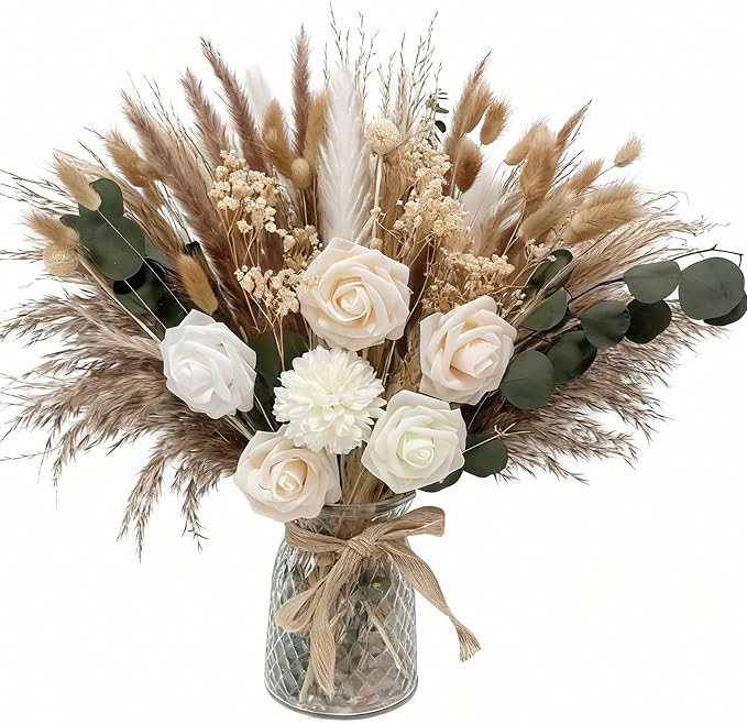 Indoor Artificial Dried Flowers with Vase for Table Top Decor,Natural Dried Pampas Grass Bouquet Faux Flowers in Vase for Wedding,Home,Kitchen,Rustic Decoration (Natural Champagne)