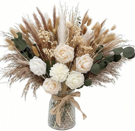 Indoor Artificial Dried Flowers with Vase for Table Top Decor,Natural Dried Pampas Grass Bouquet Faux Flowers in Vase for Wedding,Home,Kitchen,Rustic Decoration (Natural Champagne)