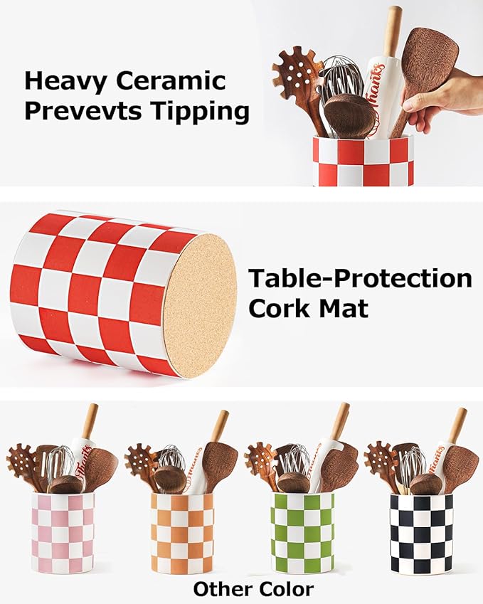 Utensil Holder, 7.2 Inch Checkered Utensil Holder, Ceramic Cooking Utensil Spoon/Spatula Holder for Countertop, Kitchen Decor and Accessories for counte(Red)