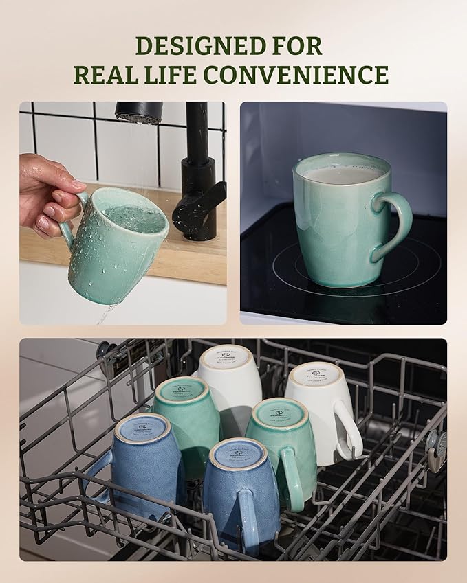 famiware Aurora Coffee Mugs, 14oz Mug Set of 4, Stoneware Mug, Cups for Kitchen, Cappuccino, Latte, Reactive Glaze, Microwave Safe, Scractch-resistant, Mint Green
