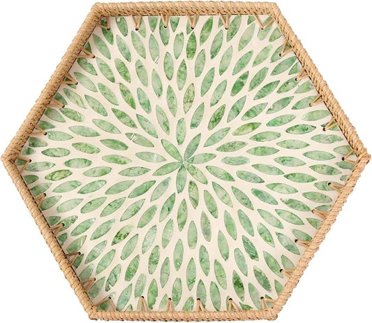 Hexagon Rattan Tray with Mother of Pearl Inlay, Rattan Serving Tray for Coffee, Bread, Fruits, Snacks, Decorative Wicker Tray for Table Decor, Home Decor (Green Leaves, 14.5"×12.8")