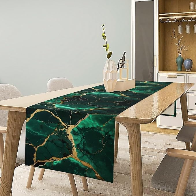 Marble Table Runner, Abstract Dark Green and Gold Modern Luxury Texture Printed Linen Table Runners for Farmhouse Kitchen Dining Room Party Holiday Home Decor 13" W x 72" L