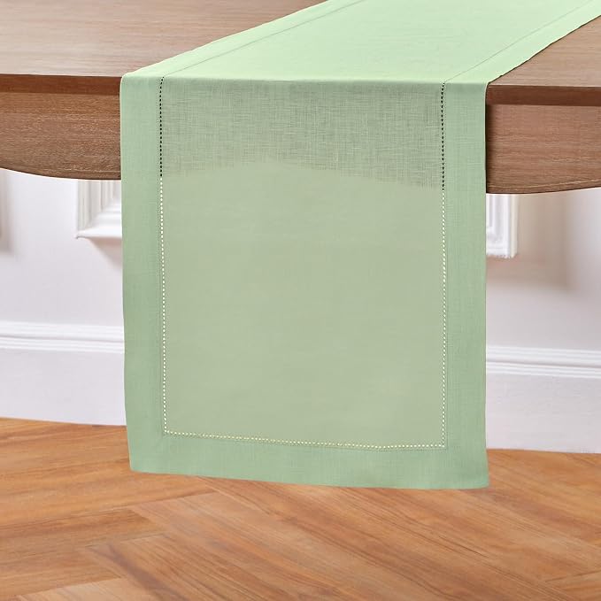 Solino Home Linen Table Runner 120 Inches Long - 100% Pure Linen Light Green Table Runner 14 x 120 Inch for Summer - Classic Hemstitch