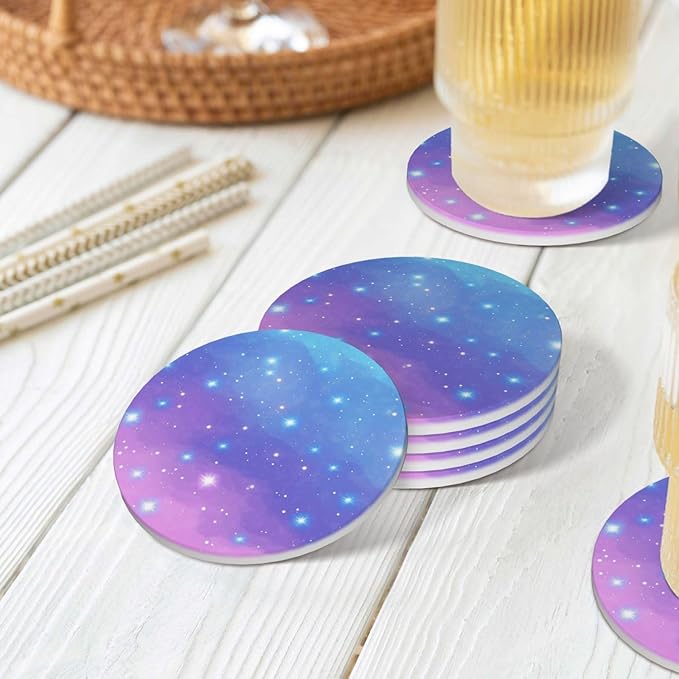 Blue Purple Galaxy Coasters Set of 4 Absorbent Ceramic Coasters for Drinks Modern Cup Coaster with Cork Backing Cute Stone Coaster Housewarming Gifts 4.1 Inches