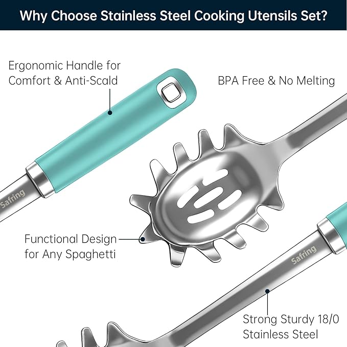 Safring Stainless Steel Soup Ladle and Spaghetti Spoon Set, Heat Resistant Rubber Handle, Dishwasher Safe, Kitchen Utensils for Cooking, Stirring, Serving Pasta, Soup & Sauce (Aqua Sky)