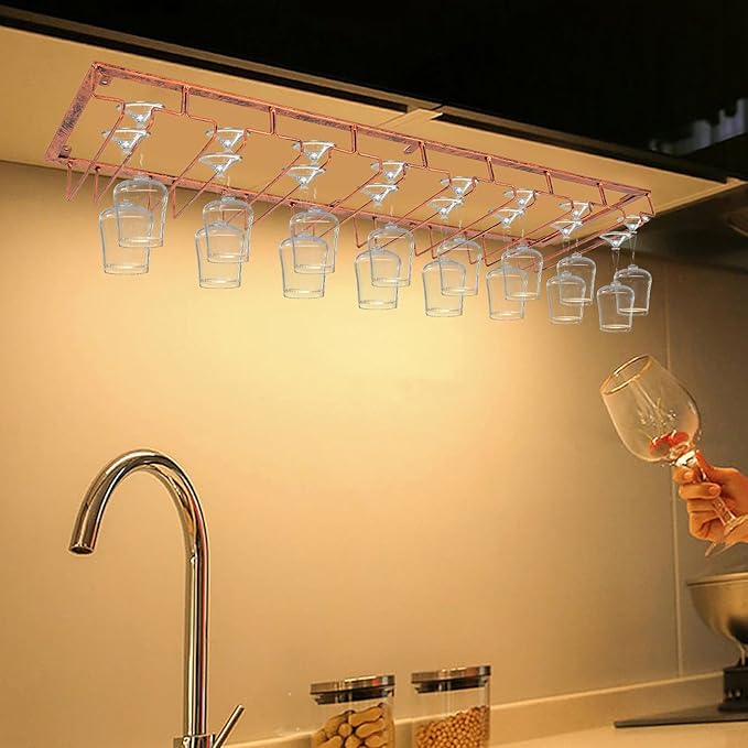 16 Wine Glasses Rack Holder Hanging Metal Storage Shelf Wall-Mounted Cup Holder Upside Down Hanging Under Cabinet Wine Glass Iron Holder Rack For Bar Kitchen (Bronze)