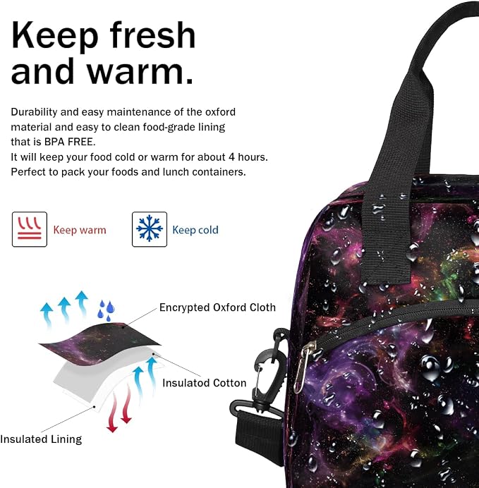 Pardick Galaxy Colorful Insulated Lunch Bag for Women Girl Reusable Lunch Tote Box With Shoulder Strap Lightweight Thermal Cooler Meal Prep Bag for Work School Office Picnic