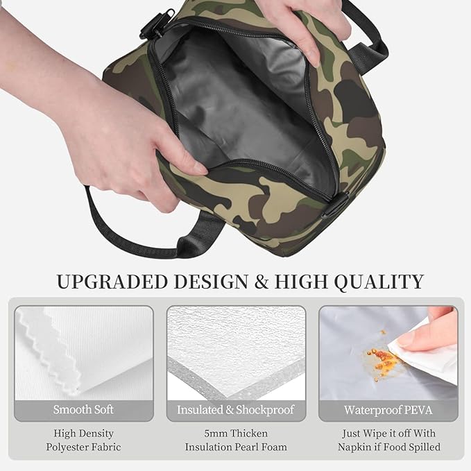 bassyil Camouflage Hunting Camo Insulated Lunch Bag Reusable Lunch Box With Adjustable Shoulder Strap Cooler Tote Bag For Men Women