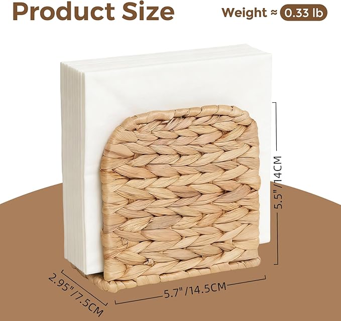 2 Pack Water Hyacinth Napkin Holder for Table, Handwoven Wicker Upright Napkin Holder, Boho Farmhouse Paper Napkin Holder for Kitchen Countertop Dining Room Party