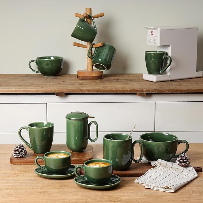 vicrays Ceramic Coffee Mug Set - 18 Ounce Large Stoneware Mug for Men Women - Unique Glazed Porcelain Mugs with Handle for Coffee Latte Tea Milk Cocoa - Set of 4 (Green)