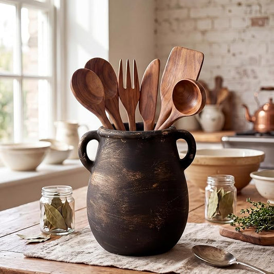 Farmhouse Ceramic Utensil Holder 7.8 Inch Rustic Kitchen Utensil Crock with Handles for Countertop Vintage Black Farmhouse Kitchen Decoration Gift