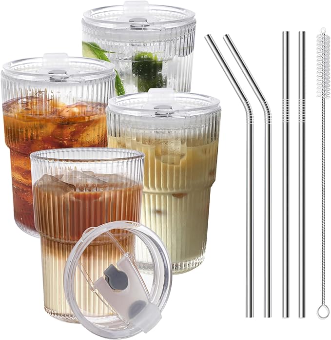 HIGIINC Iced Coffee Cups With Lids and Straws 4 Pcs, 16 OZ Unbreakable Glasses Drinking Set,Clear Plastic Cups Reusable Iced Coffee Tumbler with Lid and Straw, To Go Coffee Cups Dishwasher Safe