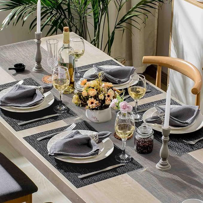 AHHFSMEI Placemats Set of 8 Washable Woven Vinyl Placemats for Dining Table Heat Resistant Non-Slip Stain Resistant Table Mats for Kitchen & Home Decor(Black Silver,8)