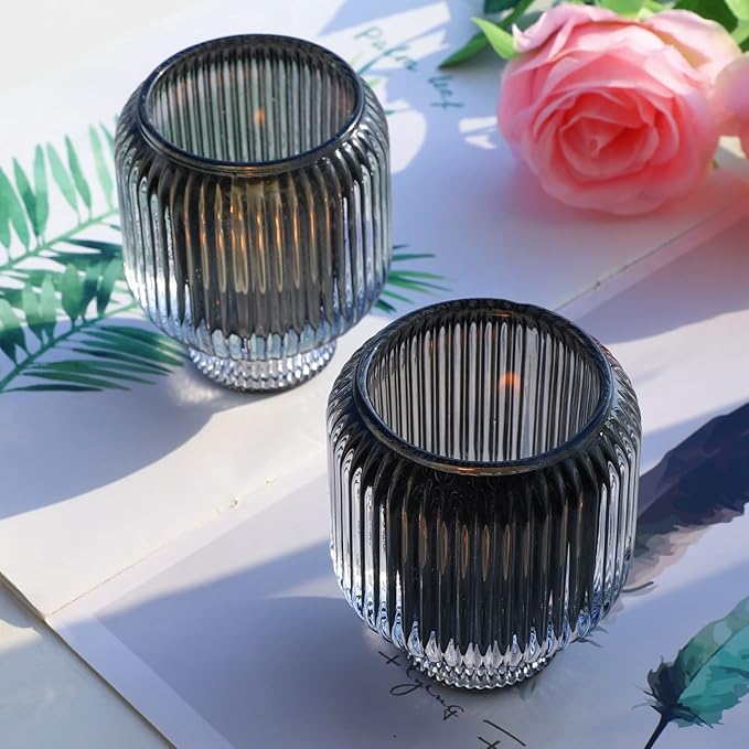 Woho Grey Votive Candle Holders for Table Centerpiece Set of 2, Glass Votive Candle Holder for Home Decor, Tealight Candle Holder Bulk for Birthday