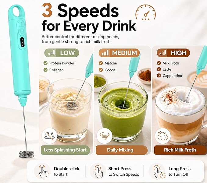 Rechargeable Milk Frother Handheld 3 Speed Coffee Foamer [3 Whisk] Electric Drink Mixer for Latte, Cappuccino, Coffee, Eggs, Hot Chocolate, Mint