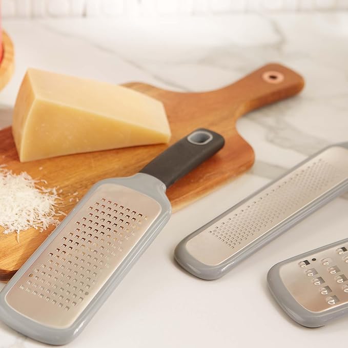 RSVP International Paddle Grater, Etched Steel Blades, Stainless Steel Hand Held Kitchen Cheese & Vegetable Shredder Comfort Grip Handle and Anti-Slip Foot and Safety Cover, Course