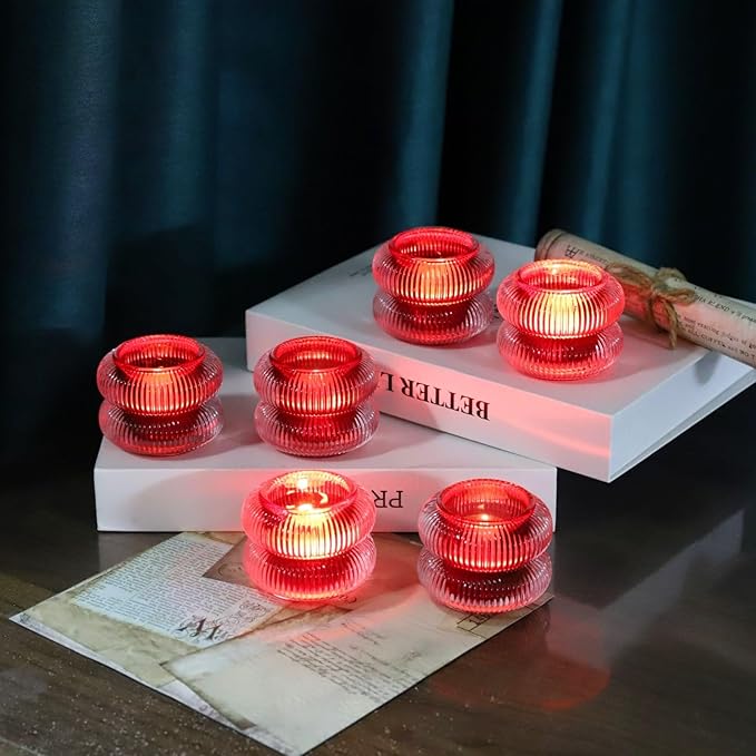 Woho Ribbed Glass Votive Candle Holders Set of 6, Red Tealight Candle Holder for Wedding Table Decor, Vintage Tea Lights Candle Holder for Christmas/Valentines Day Decorations (Red, 2.1" H X 2.75" D)