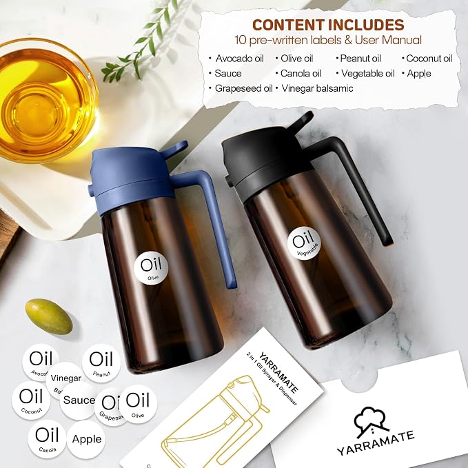 YARRAMATE 16oz/470ml Dark Brown Oil Sprayer for Cooking with Stickers, Food-grade Premium 2 in 1 Olive Oil Dispenser Bottle for Kitchen Gadgets, Air Fryer, Salad, Frying, BBQ (Navy)