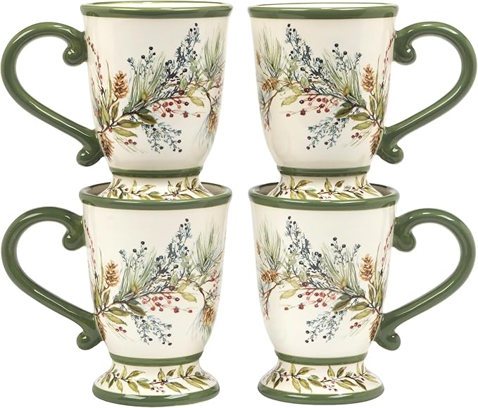 Winters Forest Holiday Mugs Set of 4 – 18oz Large Ceramic Coffee, Cocoa & Tea Cups with Evergreen Pinecone & Berry Design – Dishwasher Safe Winter Drinkware for Entertaining, Gifts & Hot Beverages