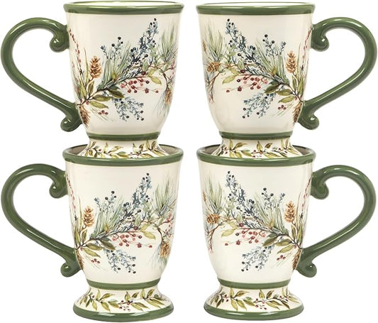 Winters Forest Holiday Mugs Set of 4 – 18oz Large Ceramic Coffee, Cocoa & Tea Cups with Evergreen Pinecone & Berry Design – Dishwasher Safe Winter Drinkware for Entertaining, Gifts & Hot Beverages